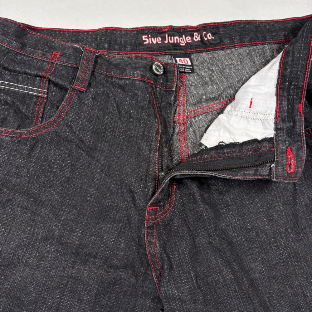 5ive Jungle & Co. Jeans Mens 40x34 Black Red Stitch Streetwear Baggy Y2K - Picture 7 of 12